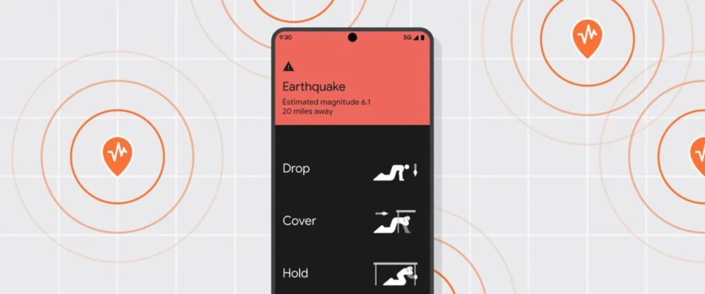 Ilustración de red global de teléfonos Android detectando terremotos con ondas sísmicas