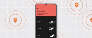 Ilustración de red global de teléfonos Android detectando terremotos con ondas sísmicas