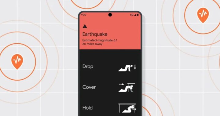 Ilustración de red global de teléfonos Android detectando terremotos con ondas sísmicas