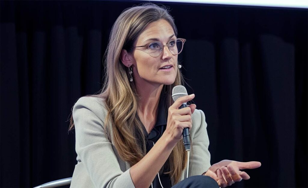 Cathie Wood en evento analizando gráficos de Palantir, Cerebras y Coinbase