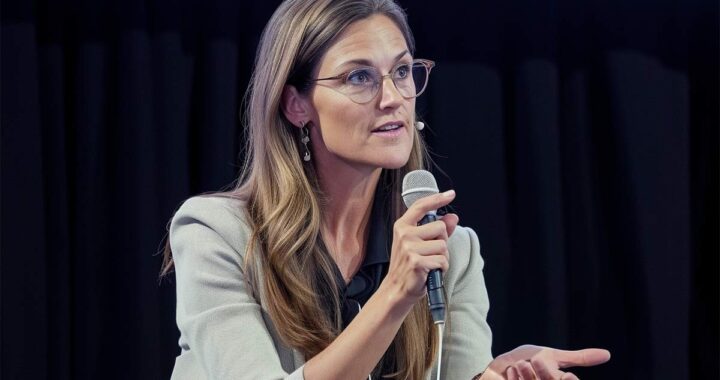 Cathie Wood en evento analizando gráficos de Palantir, Cerebras y Coinbase