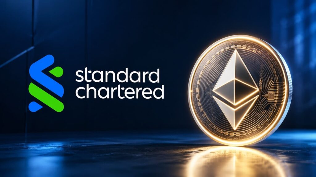 Gráfico comparativo de Ethereum y Bitcoin con flecha ascendente para ETH destacando su crecimiento por staking y stablecoins