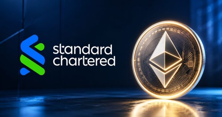Gráfico comparativo de Ethereum y Bitcoin con flecha ascendente para ETH destacando su crecimiento por staking y stablecoins