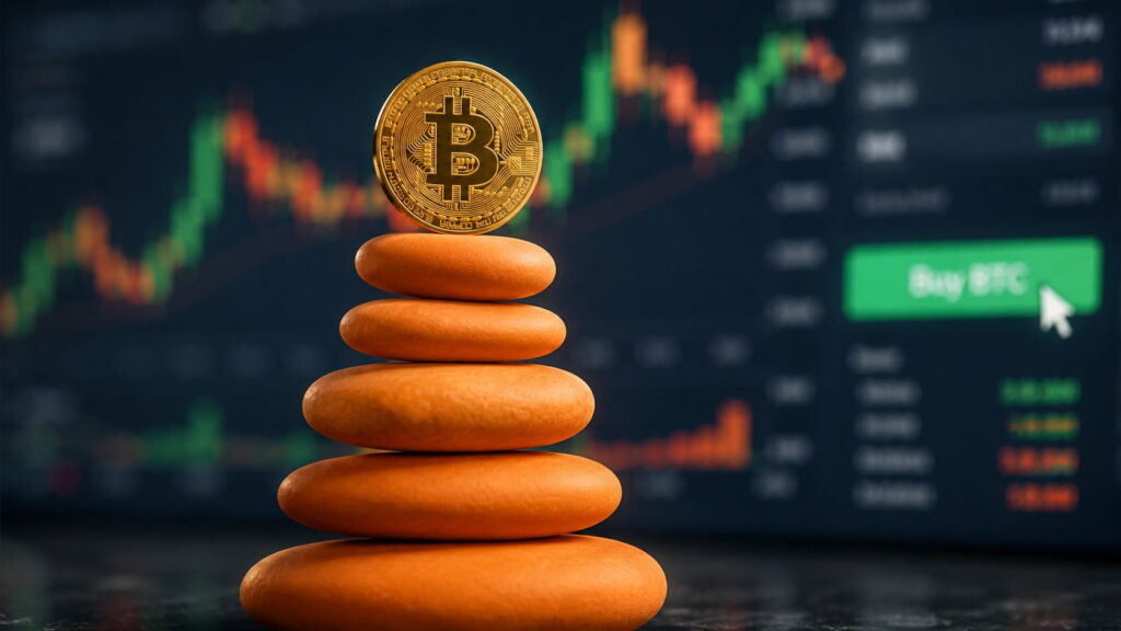 Gráfico de Bitcoin en $63K con flechas de volatilidad y fondo de mercado inestable