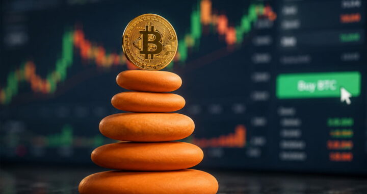 Gráfico de Bitcoin en $63K con flechas de volatilidad y fondo de mercado inestable