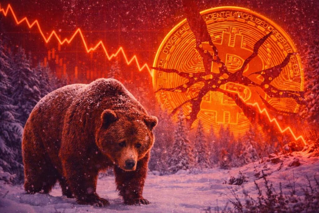 Gráfico de Bitcoin en rojo con flecha descendente marcando caída a $68.600 junto a logos de ETF e Irán