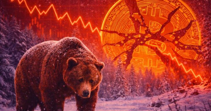 Gráfico de Bitcoin en rojo con flecha descendente marcando caída a $68.600 junto a logos de ETF e Irán