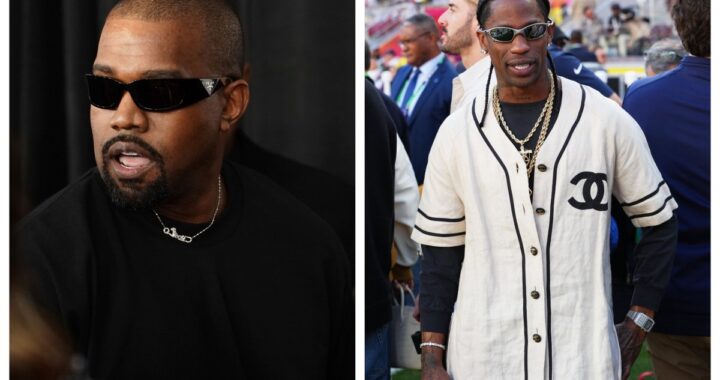 Cartel de 'concierto cancelado' superpuesto a imagen de Kanye West en escenario con multitudes borrosas al fondo