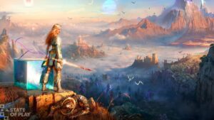 Faye con espada dorada en el Everywhen, rodeada de runas nórdicas y dioses de mitologías egipcia y tibetana en God of War Laufey