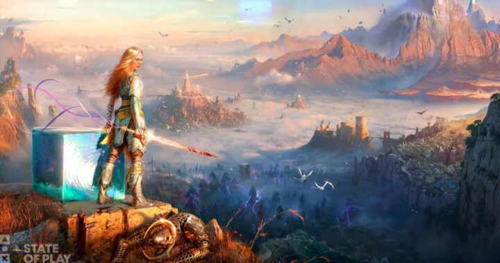 Faye con espada dorada en el Everywhen, rodeada de runas nórdicas y dioses de mitologías egipcia y tibetana en God of War Laufey