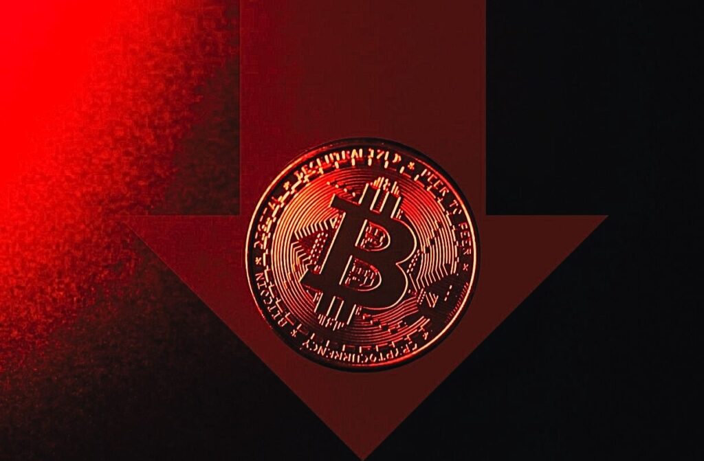 Gráfico de Bitcoin en caída libre hacia $61.335 con media móvil de 200 semanas como soporte crítico y liquidaciones masivas en rojo