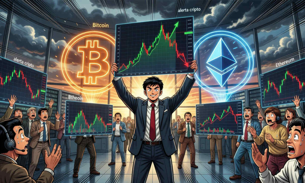 Tom Lee analizando gráficos de Bitcoin y Ethereum con expresión de confianza frente a alertas de mercado bajista