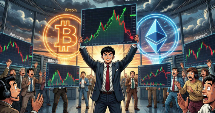 Tom Lee analizando gráficos de Bitcoin y Ethereum con expresión de confianza frente a alertas de mercado bajista
