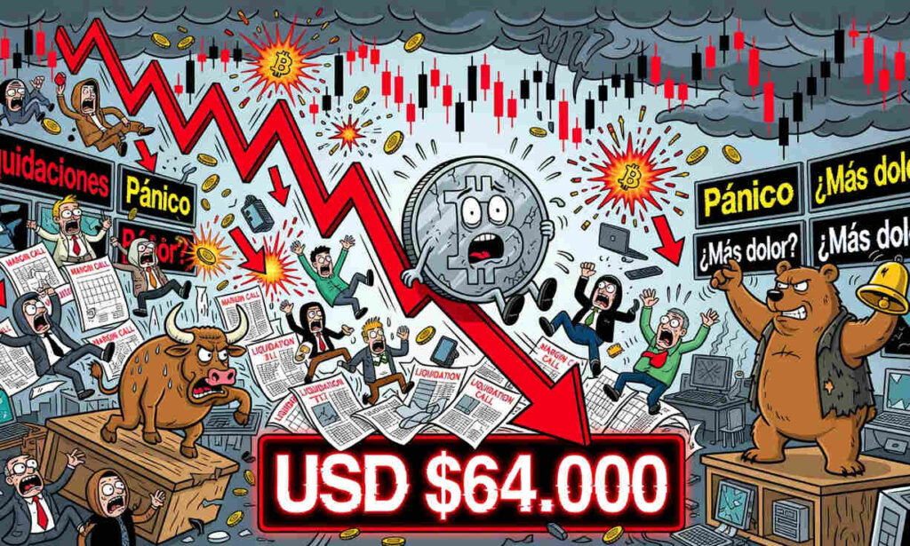 Gráfico de Bitcoin rompiendo soporte de 64000 dólares con liquidaciones masivas en futuros y volumen récord en exchanges