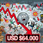 Gráfico de Bitcoin rompiendo soporte de 64000 dólares con liquidaciones masivas en futuros y volumen récord en exchanges