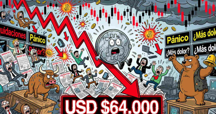 Gráfico de Bitcoin rompiendo soporte de 64000 dólares con liquidaciones masivas en futuros y volumen récord en exchanges