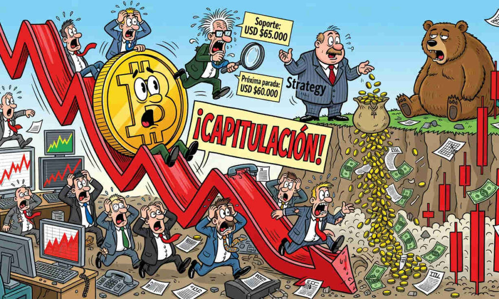 Gráfico de velas de Bitcoin mostrando caída del 6% cerca del soporte crítico de 65000 dólares con línea roja de ruptura