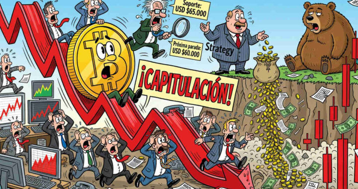 Gráfico de velas de Bitcoin mostrando caída del 6% cerca del soporte crítico de 65000 dólares con línea roja de ruptura