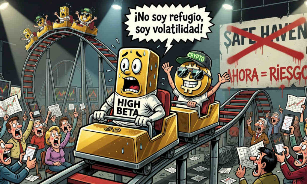 Gráfico comparativo de correlación entre oro, Bitcoin y S&P 500 mostrando patrones similares en 2026