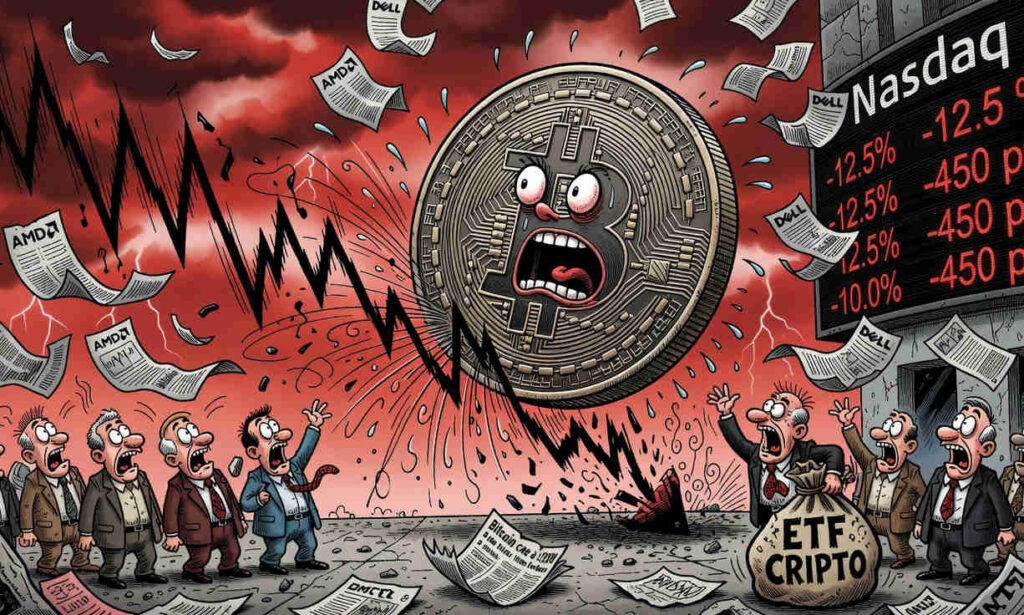 Gráfico de velas japonesas mostrando el colapso de Bitcoin a $59.550 con flechas rojas marcando la caída acelerada