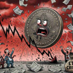 Gráfico de velas japonesas mostrando el colapso de Bitcoin a $59.550 con flechas rojas marcando la caída acelerada