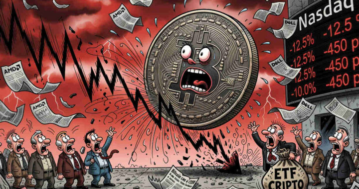 Gráfico de velas japonesas mostrando el colapso de Bitcoin a $59.550 con flechas rojas marcando la caída acelerada