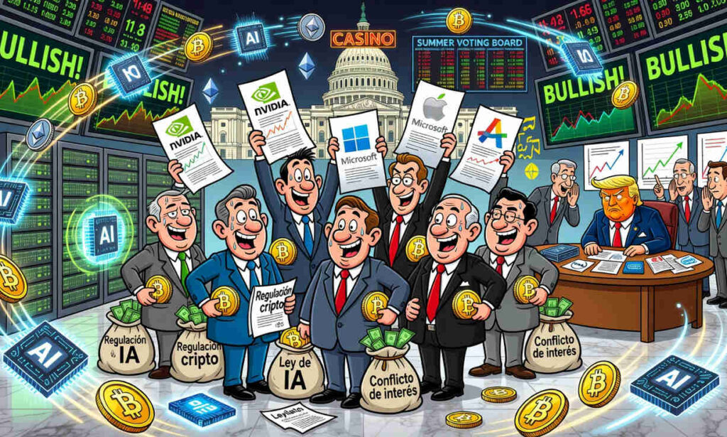 Gráfico de inversiones de legisladores EE.UU. en tecnológicas como Nvidia y Bitcoin, mostrando conflicto de interés