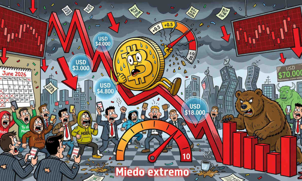 Gráfico del Fear and Greed Index de Bitcoin en nivel 10 de pánico con cotización bajo USD 61000