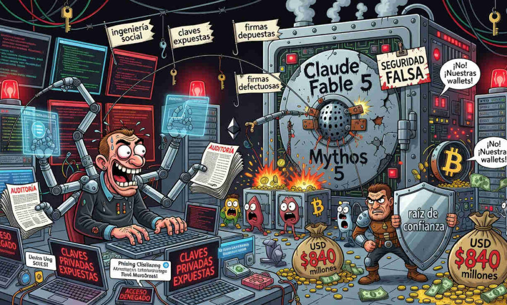 Ilustración de Claude Fable 5 exponiendo grietas en la seguridad de DeFi con datos de pérdidas millonarias
