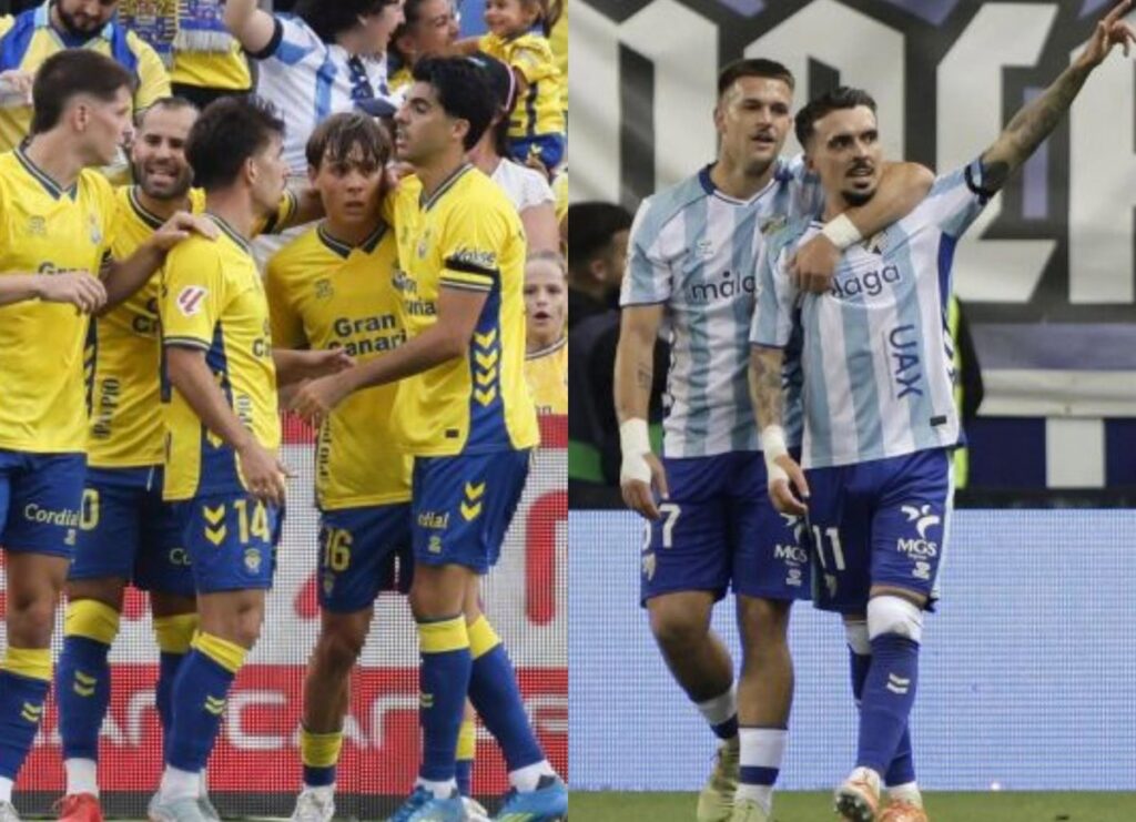Jugadores del Málaga CF en acción durante el playoff de ascenso en La Rosaleda