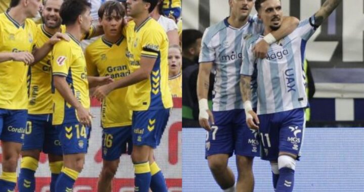 Jugadores del Málaga CF en acción durante el playoff de ascenso en La Rosaleda