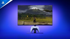 Monitor oficial PlayStation de 27' con carga DualSense integrada y diseño premium en setup gaming