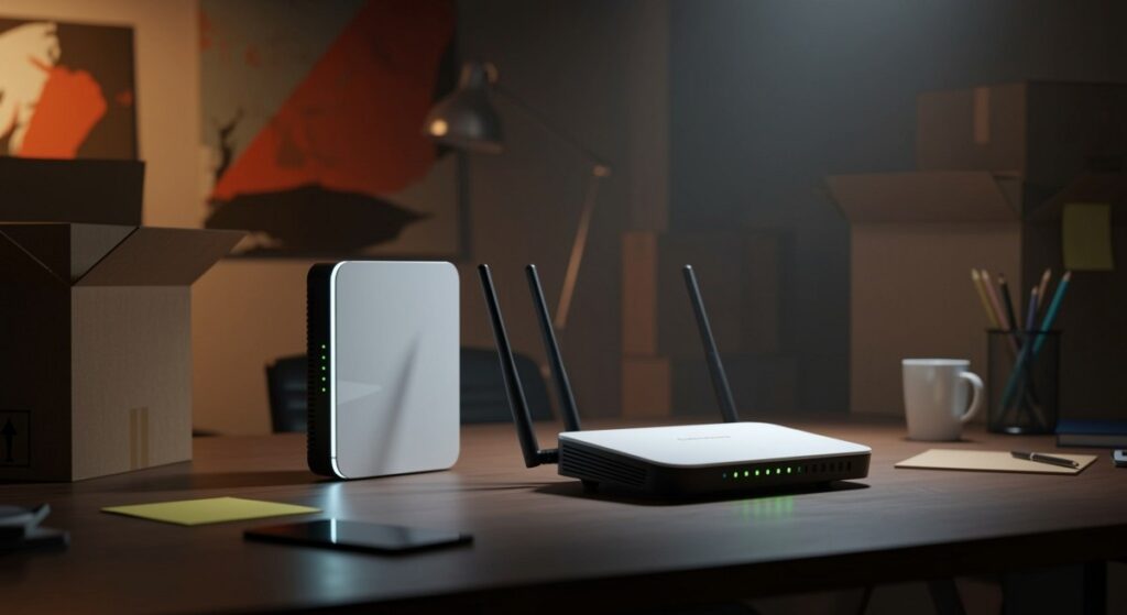 Router moderno en casa con múltiples dispositivos conectados y señales de interferencia