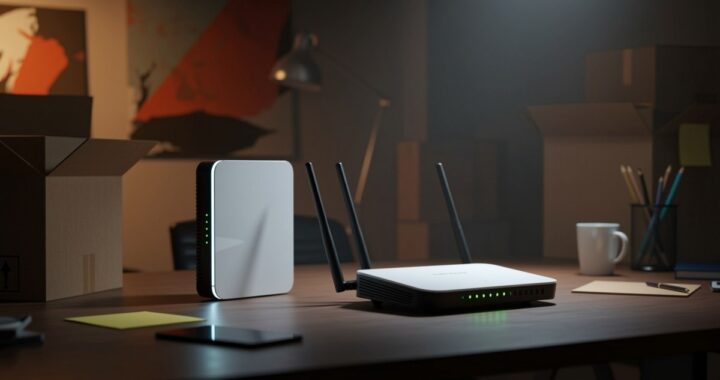 Router moderno en casa con múltiples dispositivos conectados y señales de interferencia