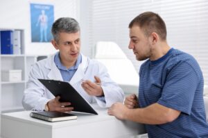 Médico revisando análisis de sangre y gráficos de salud para chequeos después de los 40