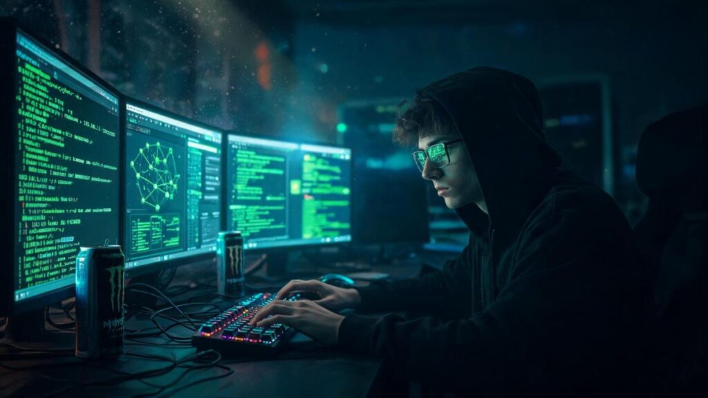 Ilustración de hackers atacando apps de mensajería cifrada como Signal y WhatsApp con fondo de código binario
