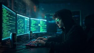 Ilustración de hackers atacando apps de mensajería cifrada como Signal y WhatsApp con fondo de código binario
