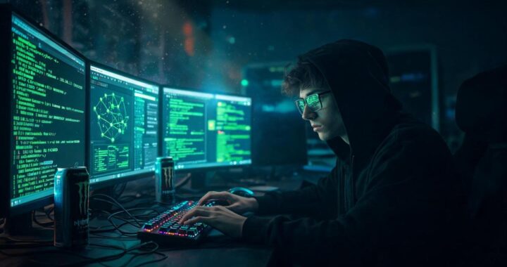 Ilustración de hackers atacando apps de mensajería cifrada como Signal y WhatsApp con fondo de código binario