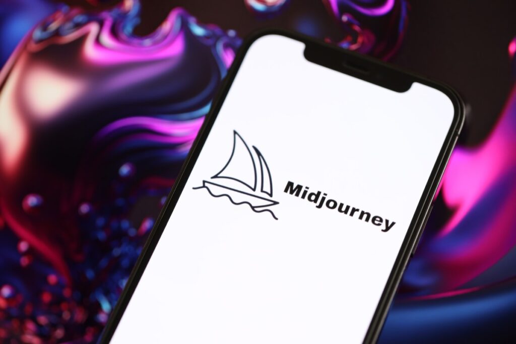 Ilustración de un tribunal con Midjourney y logos de Hollywood enfrentados por el uso de IA